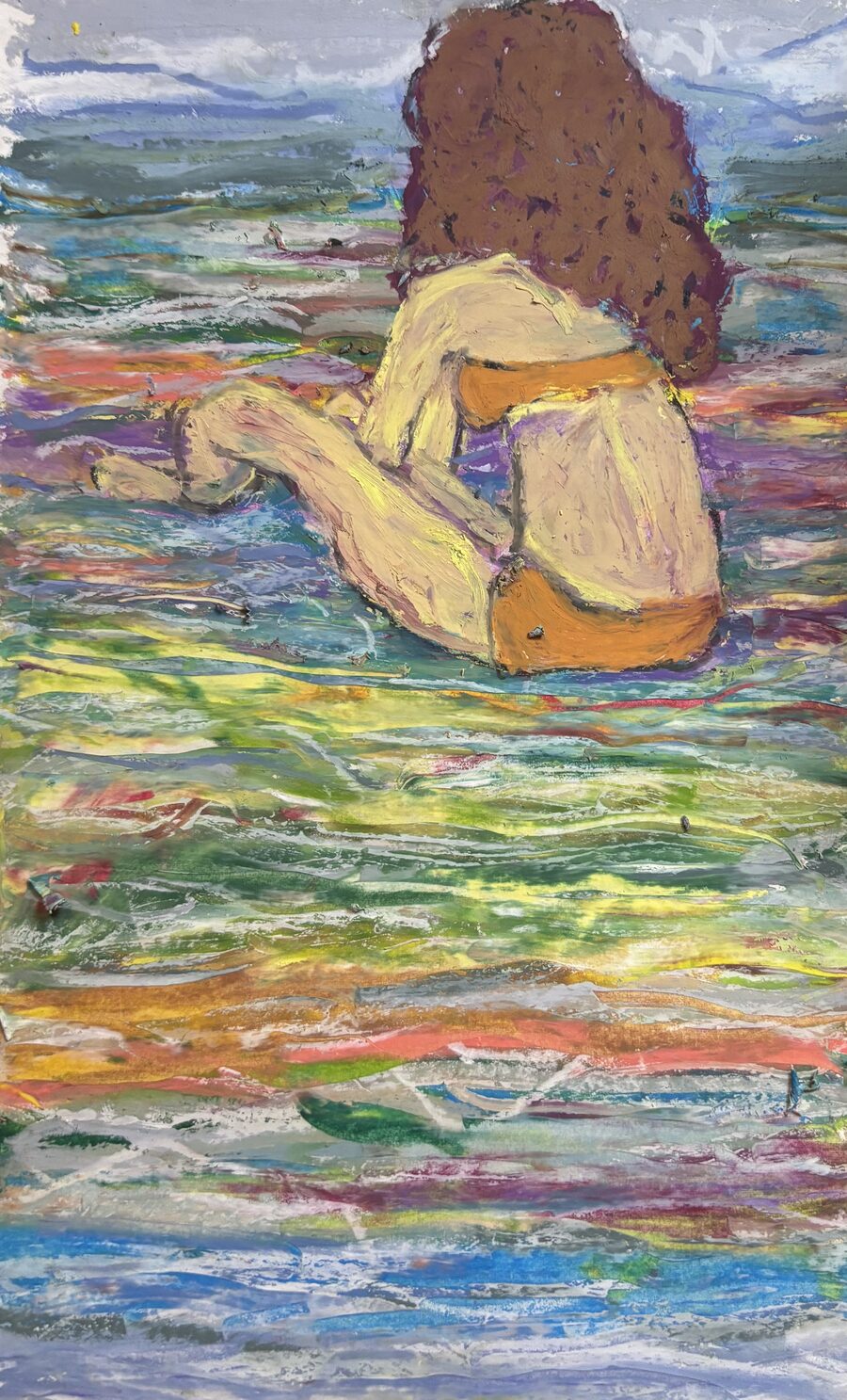 Oil pastel painting by Pamela Vialoux — figure seated in a colourful field facing the horizon